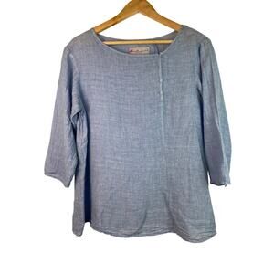 Manuelle Suibal Size 2 Blue 100% Linen 3/4 Sleeve Popover Blouse Made in France
